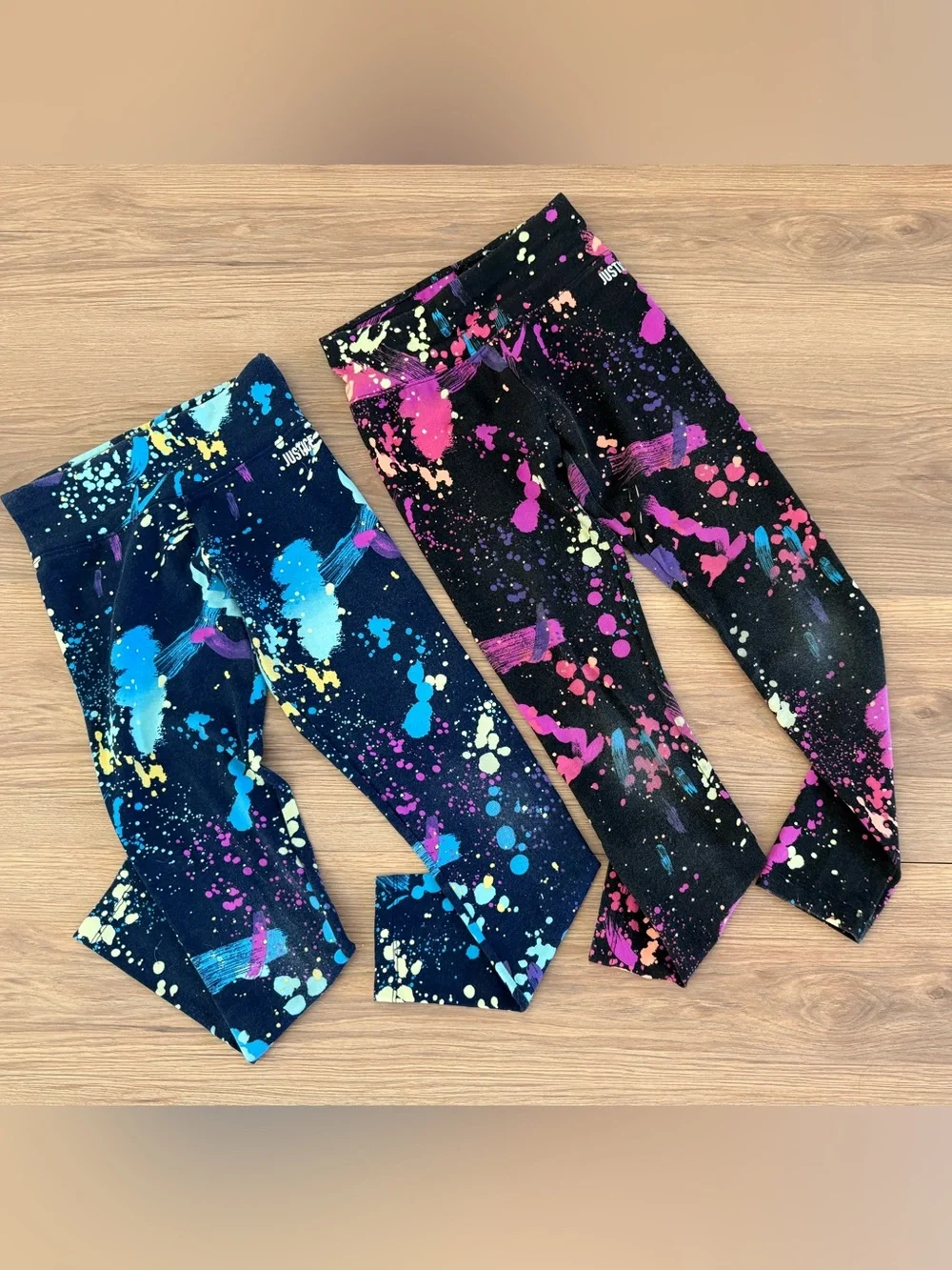 Justice Girls Black Paint-Splash Leggings with Pink & Teal Accents